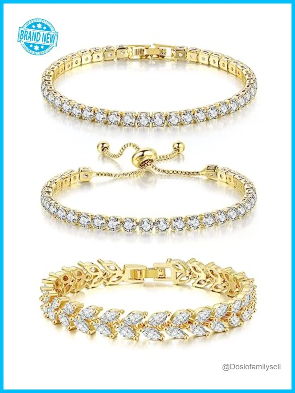 3 Pcs Tennis Bracelet Set | Marquise CZ Stones, Adjustable Stackable, Gold